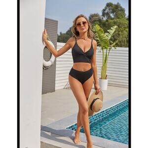 Zaful Ribbed Tankini Bikini Medium Black High Cut Two Piece Swimsuit Minimalist